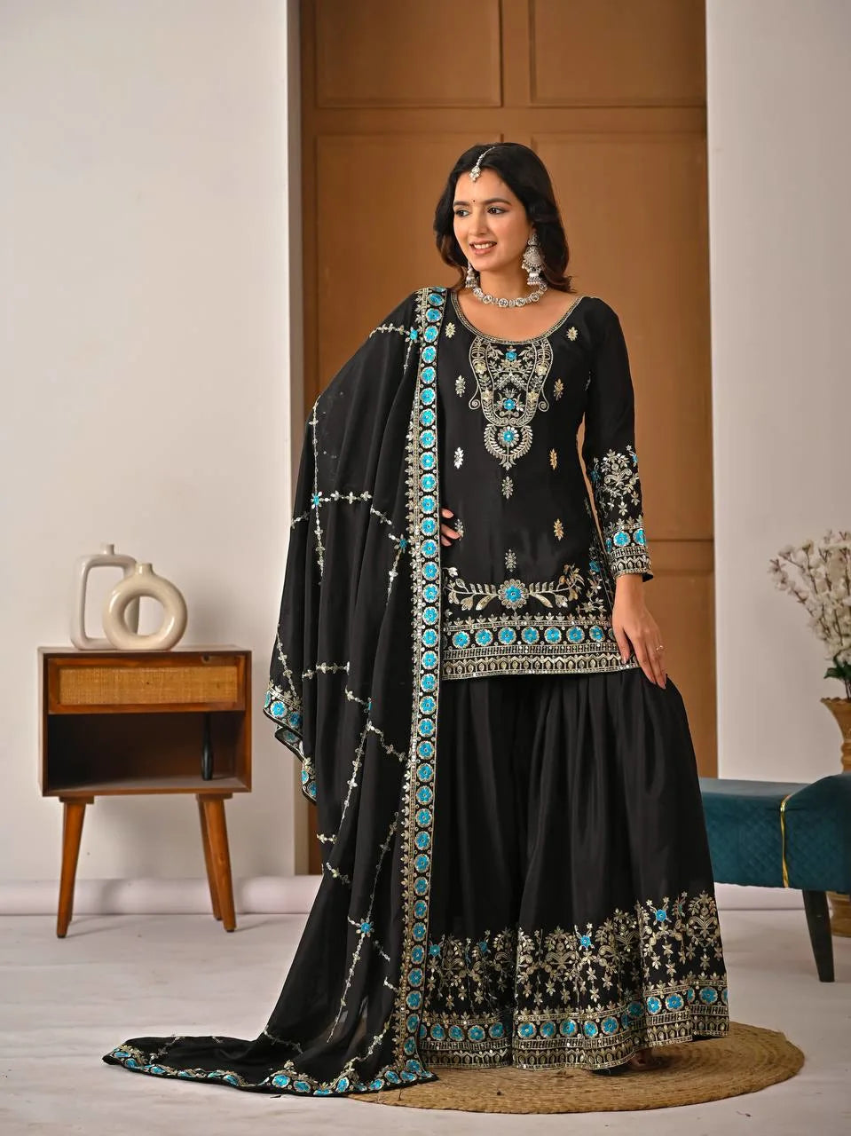 Black Vichitra Silk Sharara Suit with Blue Embroidery & Dupatta