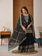 Black Vichitra Silk Sharara Suit with Blue Embroidery & Dupatta