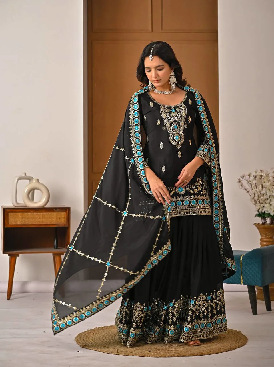 Black Vichitra Silk Sharara Suit with Blue Embroidery & Dupatta