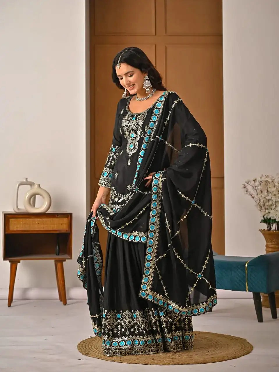 Black Vichitra Silk Sharara Suit with Blue Embroidery & Dupatta