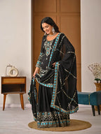 Black Vichitra Silk Sharara Suit with Blue Embroidery & Dupatta