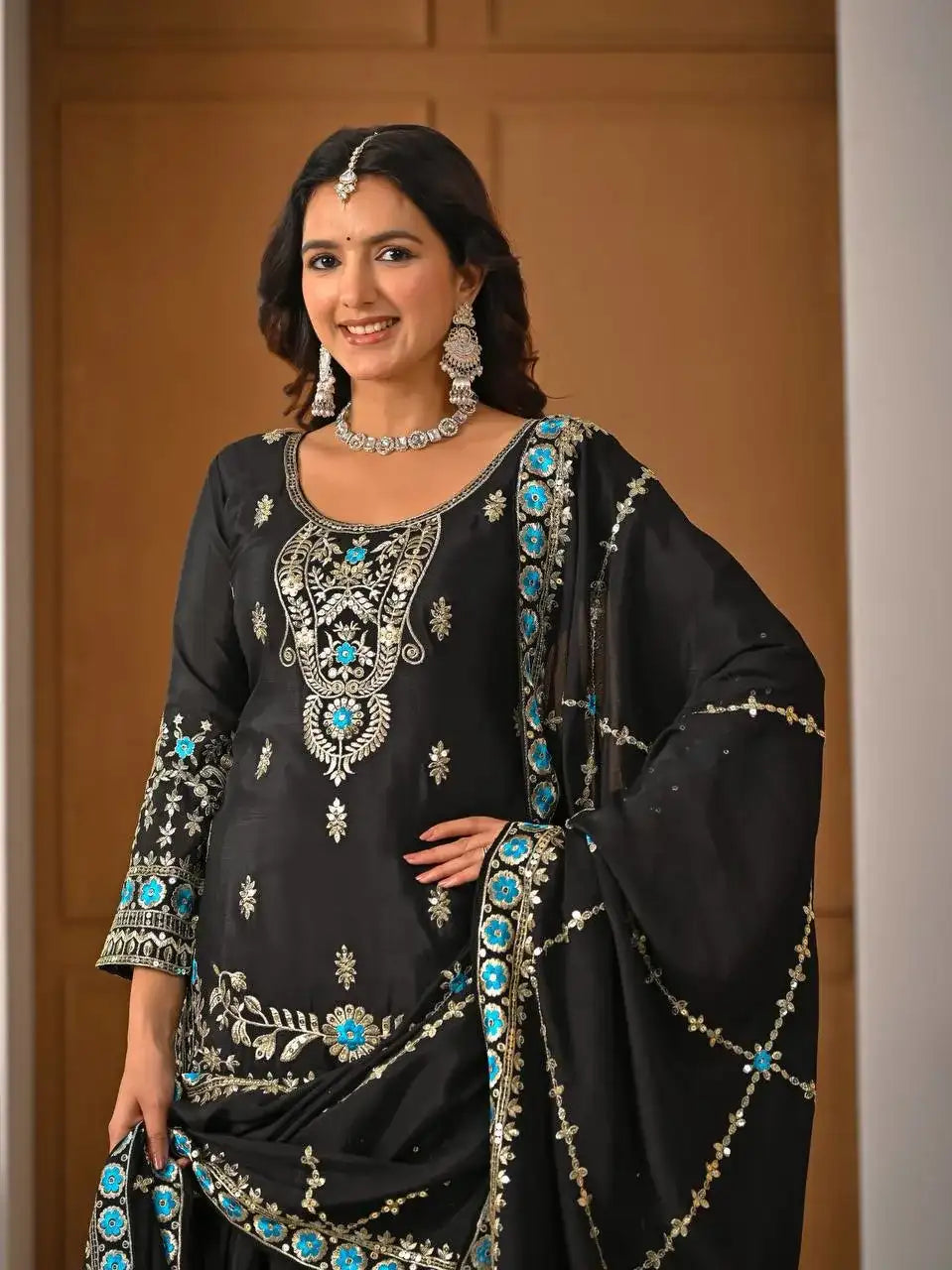 Black Vichitra Silk Sharara Suit with Blue Embroidery & Dupatta