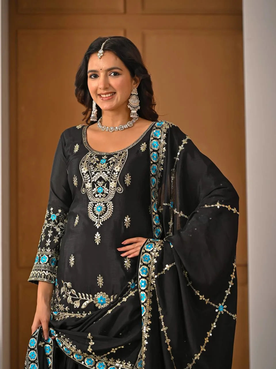 Black Vichitra Silk Sharara Suit with Blue Embroidery & Dupatta