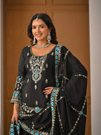 Black Vichitra Silk Sharara Suit with Blue Embroidery & Dupatta