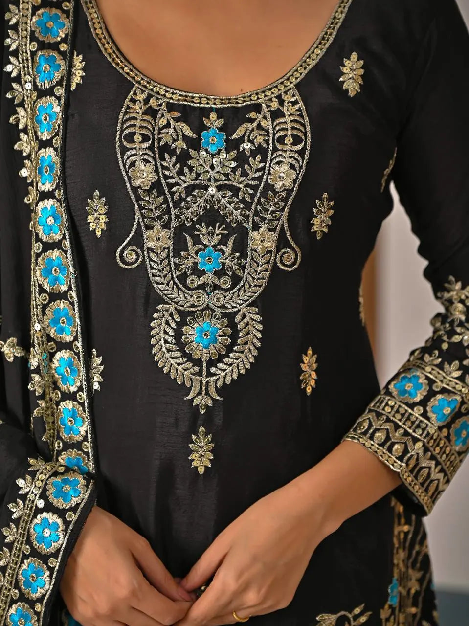 Black Vichitra Silk Sharara Suit with Blue Embroidery & Dupatta
