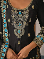 Black Vichitra Silk Sharara Suit with Blue Embroidery & Dupatta