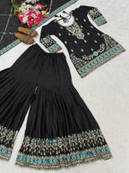 Black Vichitra Silk Sharara Suit with Blue Embroidery & Dupatta