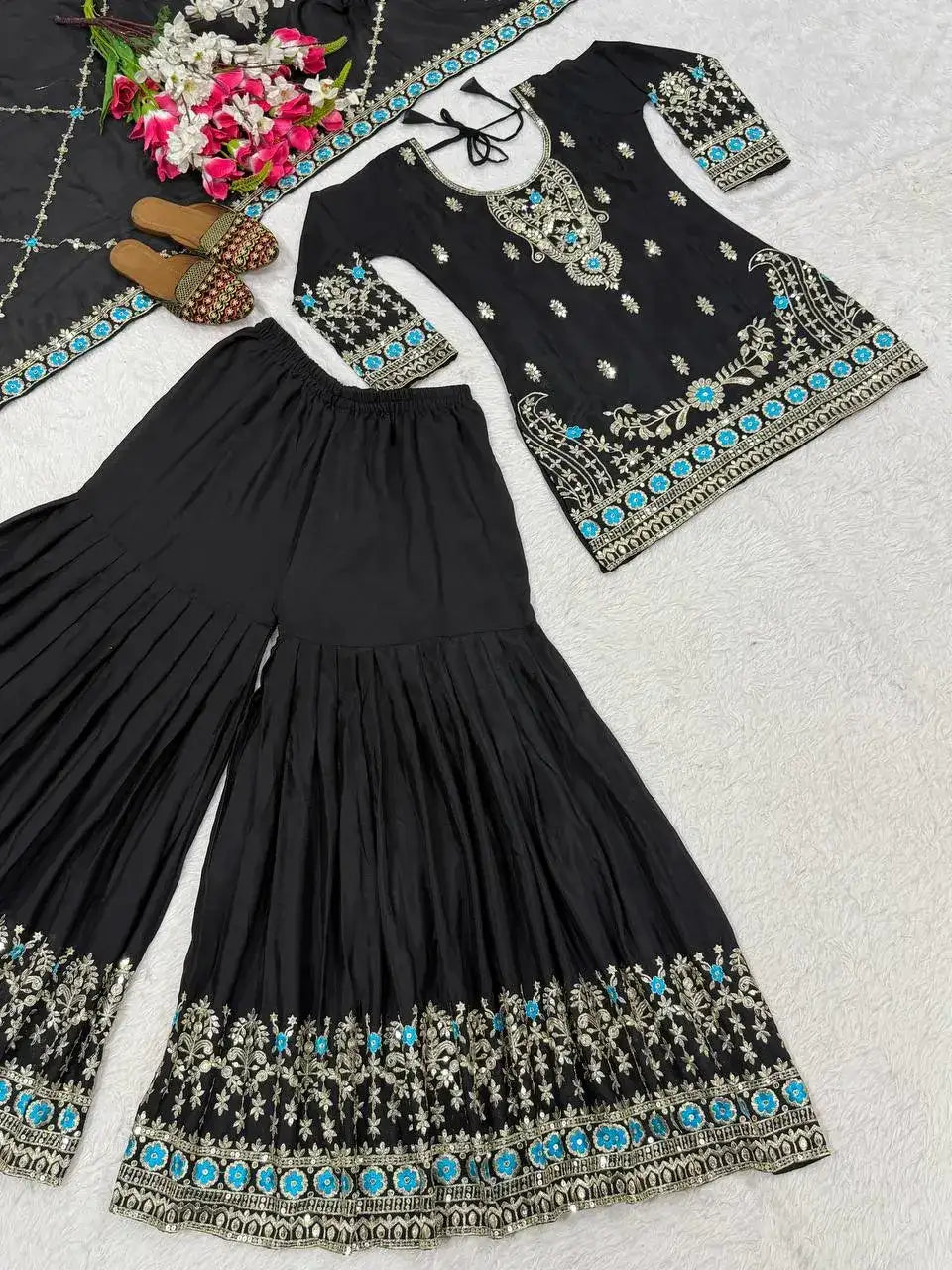 Black Vichitra Silk Sharara Suit with Blue Embroidery & Dupatta