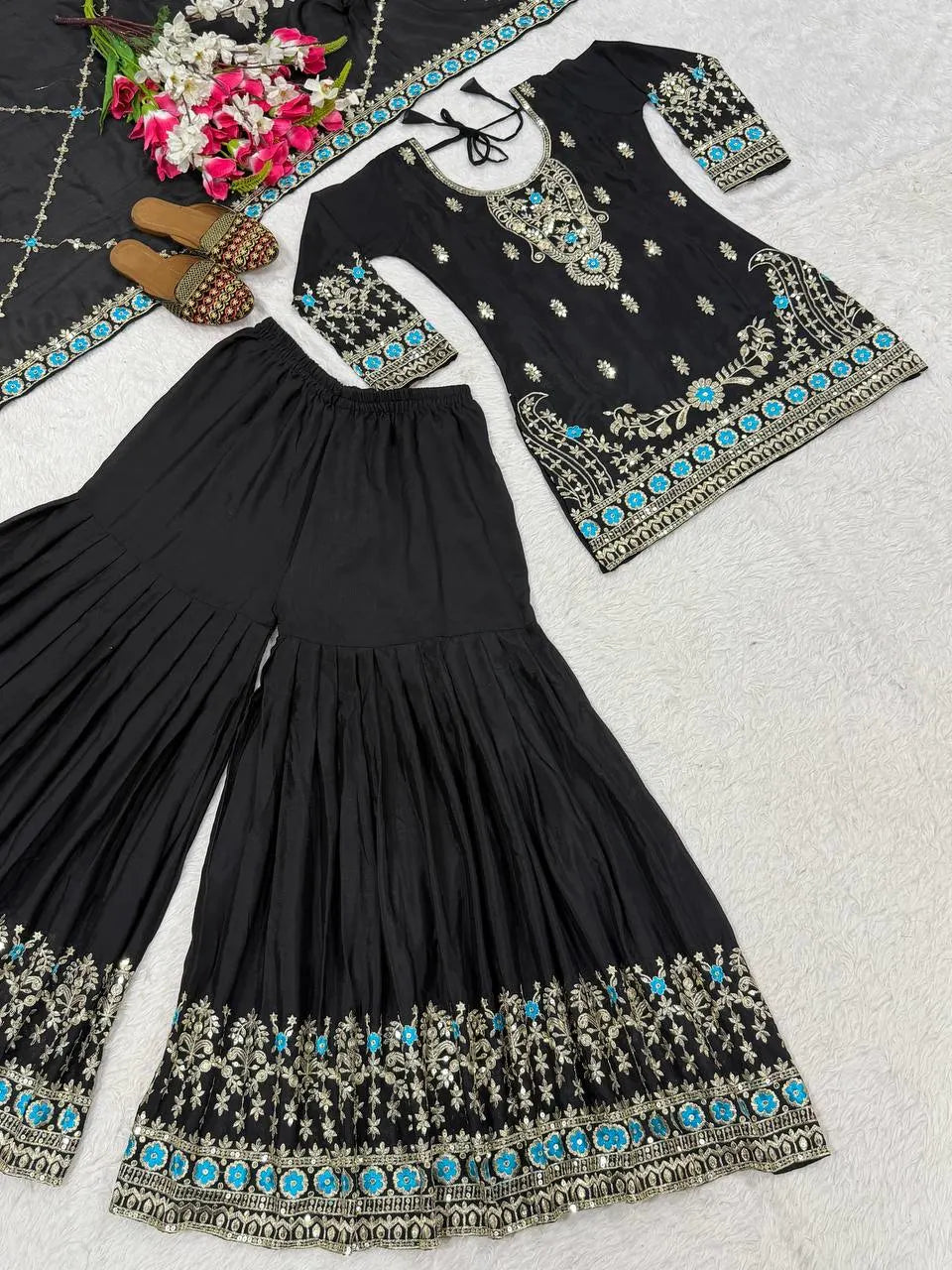 Black Vichitra Silk Sharara Suit with Blue Embroidery & Dupatta