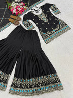 Black Vichitra Silk Sharara Suit with Blue Embroidery & Dupatta