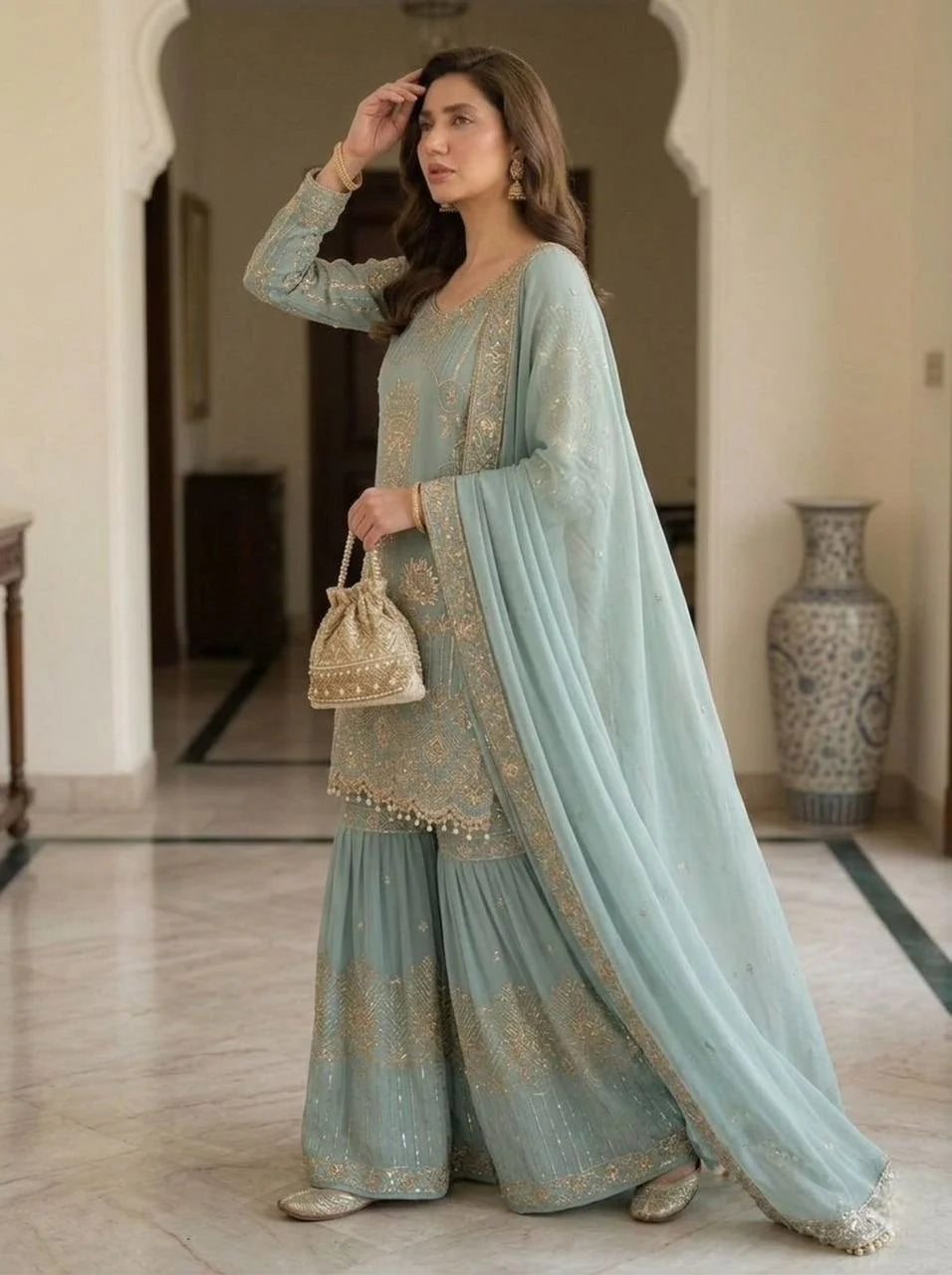 Eid Special Georgette Kurta Sharara with Elegant Sequence Work & Designer Dupatta