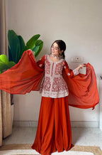 Rust Orange Embroidered Georgette Short Kurti Palazzo Set with Dupatta