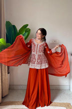 Rust Orange Embroidered Georgette Short Kurti Palazzo Set with Dupatta