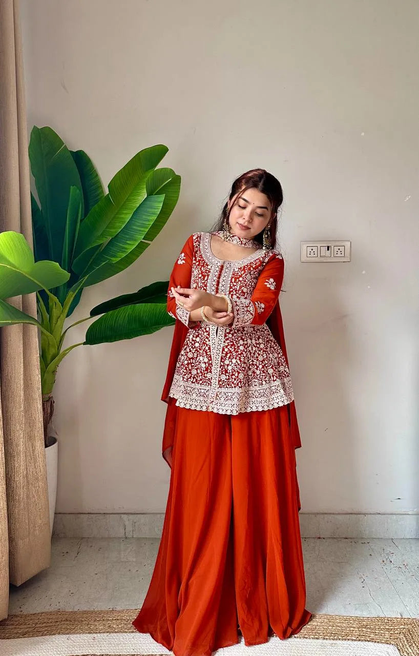 Rust Orange Embroidered Georgette Short Kurti Palazzo Set with Dupatta