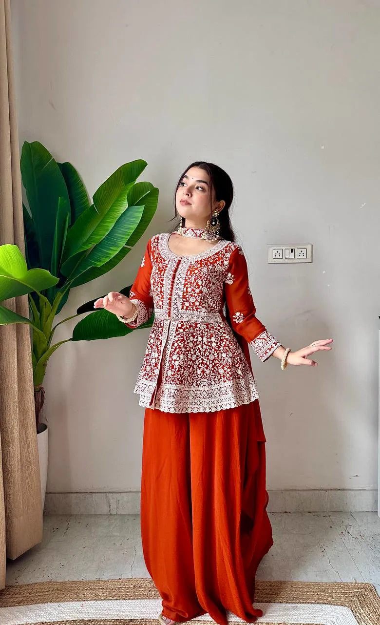 Rust Orange Embroidered Georgette Short Kurti Palazzo Set with Dupatta