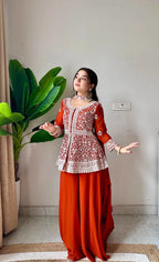 Rust Orange Embroidered Georgette Short Kurti Palazzo Set with Dupatta