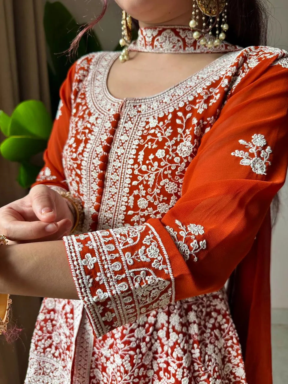 Rust Orange Embroidered Georgette Short Kurti Palazzo Set with Dupatta