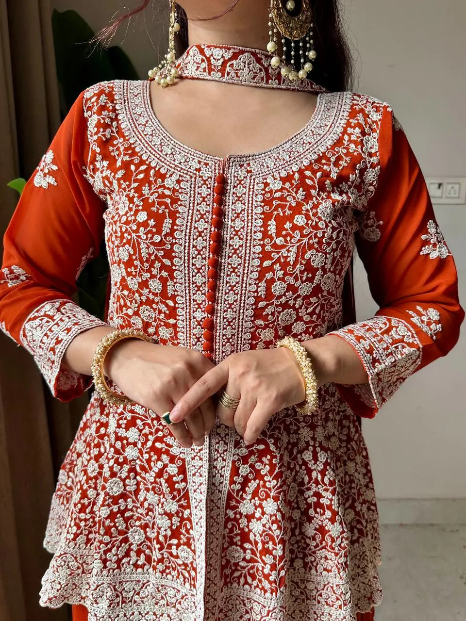 Rust Orange Embroidered Georgette Short Kurti Palazzo Set with Dupatta