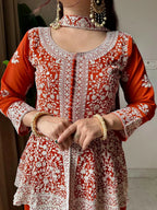 Rust Orange Embroidered Georgette Short Kurti Palazzo Set with Dupatta