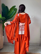 Rust Orange Embroidered Georgette Short Kurti Palazzo Set with Dupatta