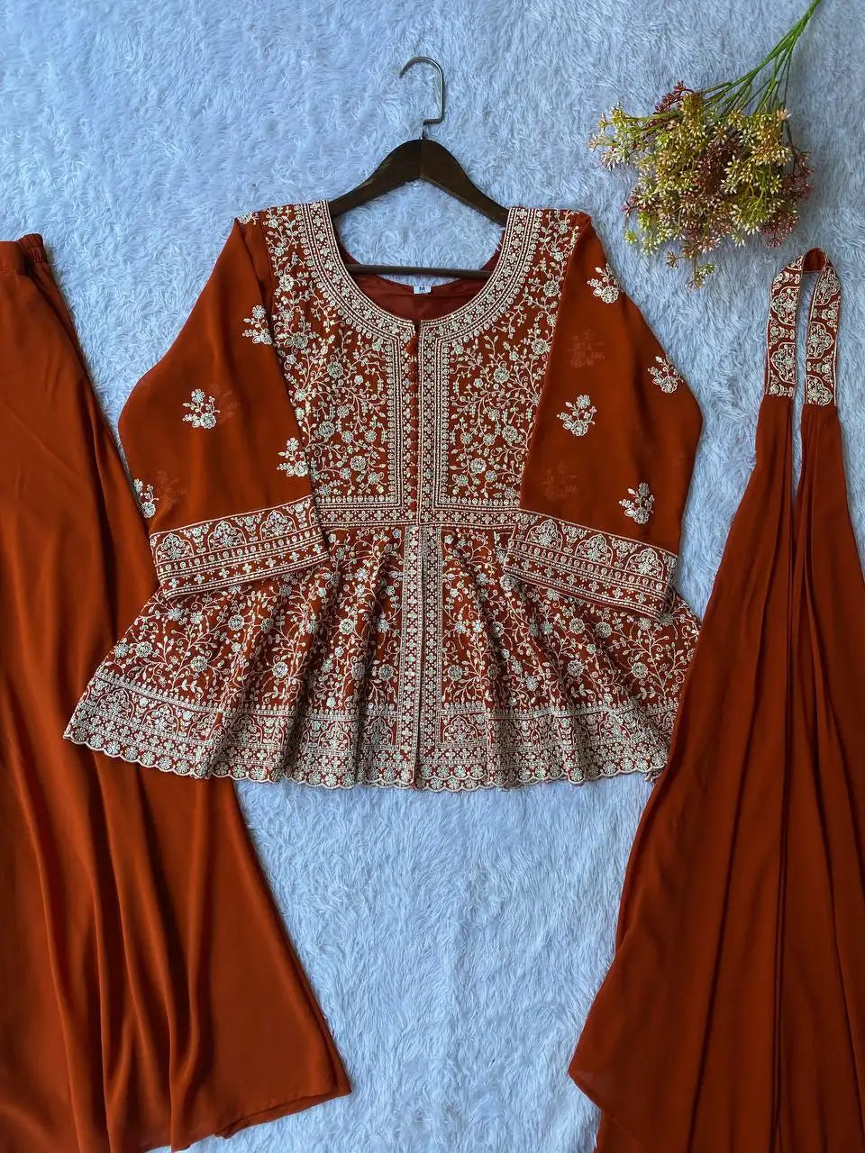Rust Orange Embroidered Georgette Short Kurti Palazzo Set with Dupatta
