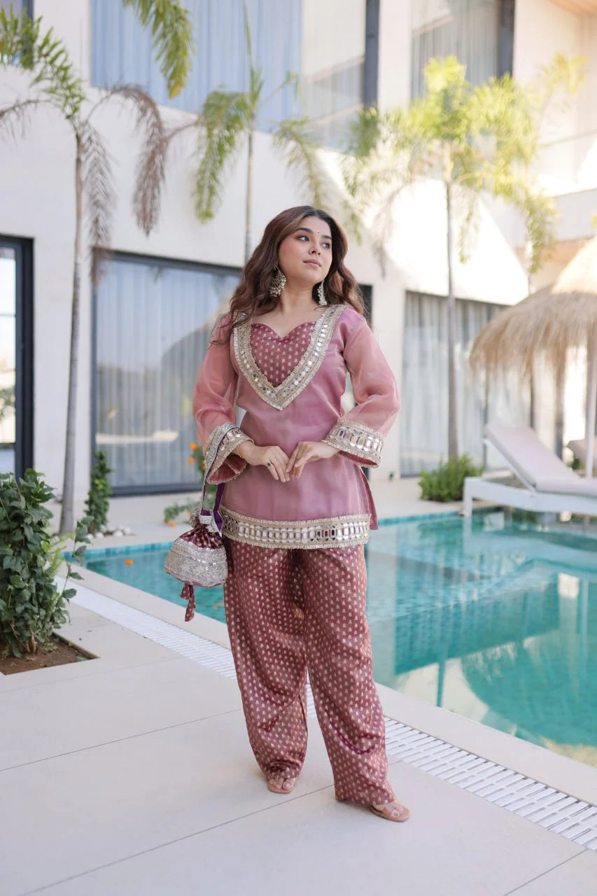 Designer Mirror Work Salasa Top and Jacquard Pant & Designer Batwa
