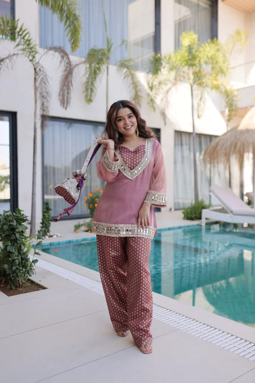 Designer Mirror Work Salasa Top and Jacquard Pant & Designer Batwa