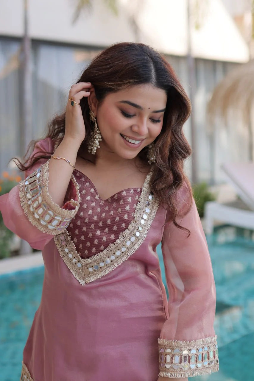 Designer Mirror Work Salasa Top and Jacquard Pant & Designer Batwa