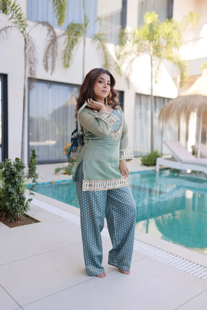 Festive Salasa Mirror Work Top with Jacquard Pant and Batwa