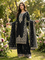 Designer Black GMY Silk Embroidered Top Plazzo Set with Lace Border Dupatta