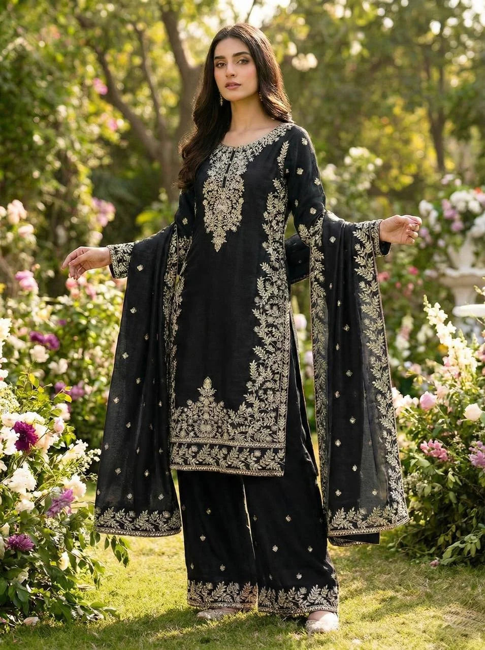 Designer Black GMY Silk Embroidered Top Plazzo Set with Lace Border Dupatta