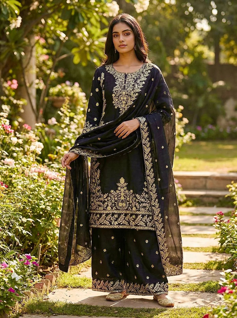 Designer Black GMY Silk Embroidered Top Plazzo Set with Lace Border Dupatta