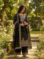 Designer Black GMY Silk Embroidered Top Plazzo Set with Lace Border Dupatta