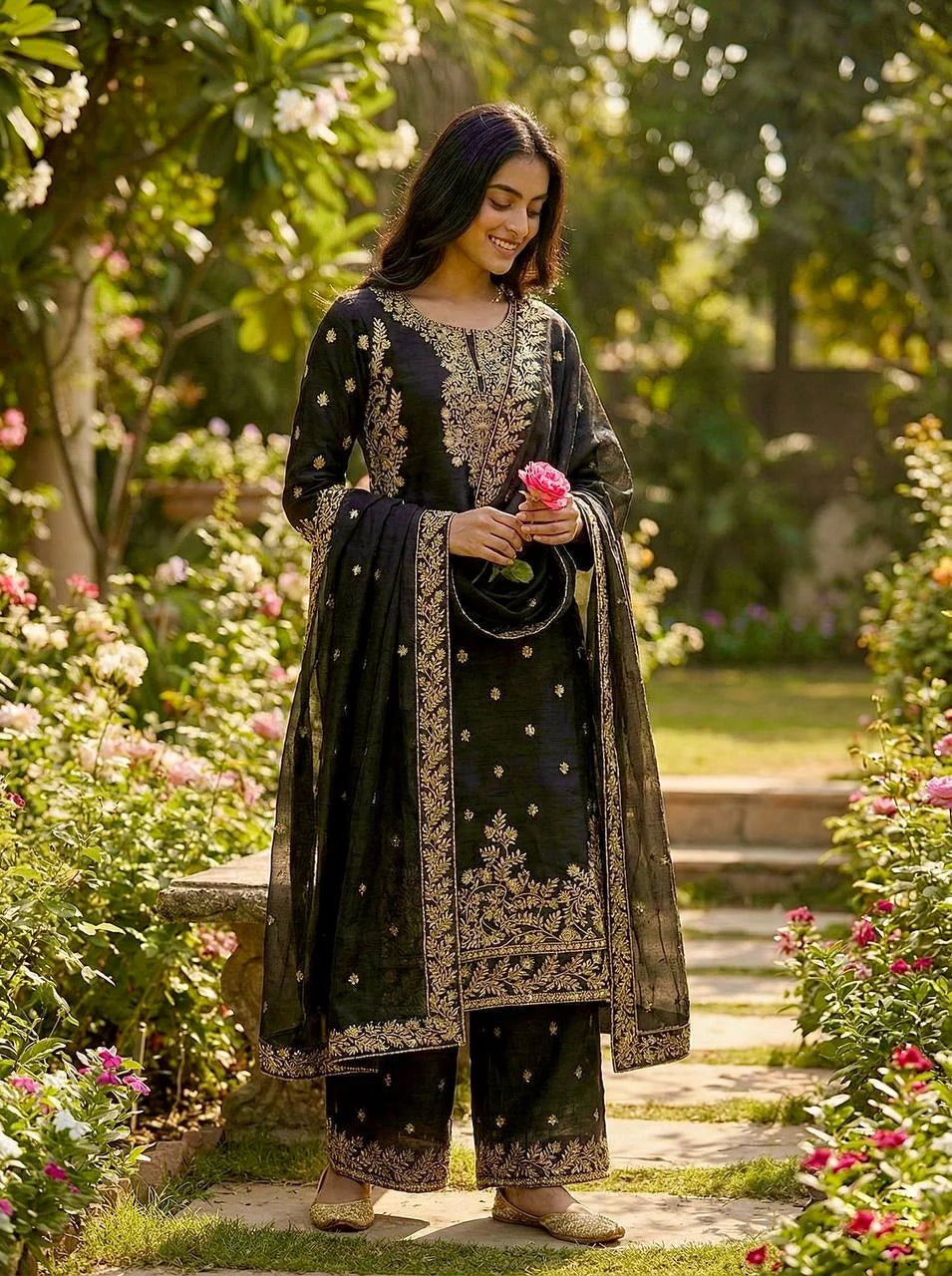 Designer Black GMY Silk Embroidered Top Plazzo Set with Lace Border Dupatta