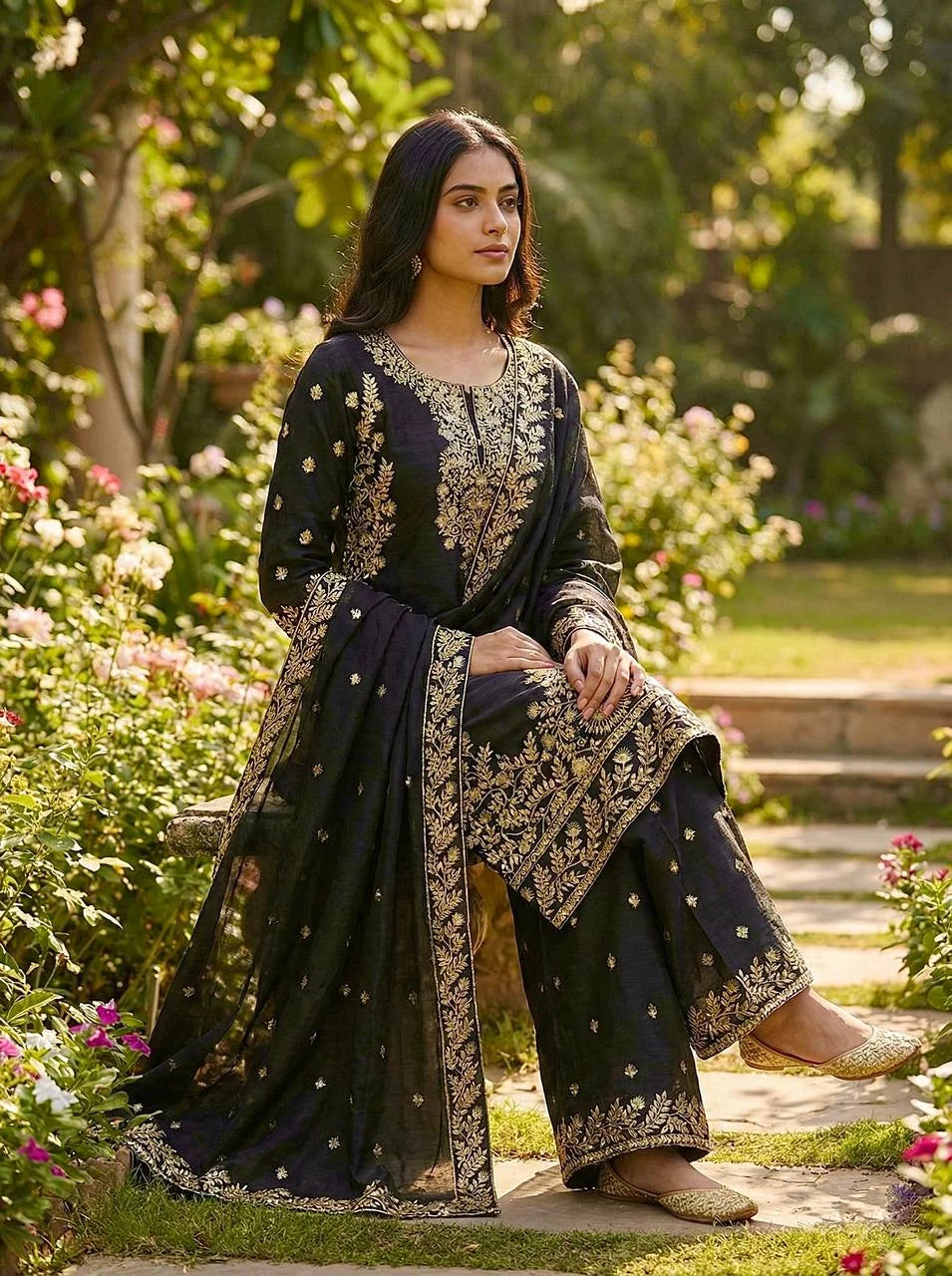 Designer Black GMY Silk Embroidered Top Plazzo Set with Lace Border Dupatta