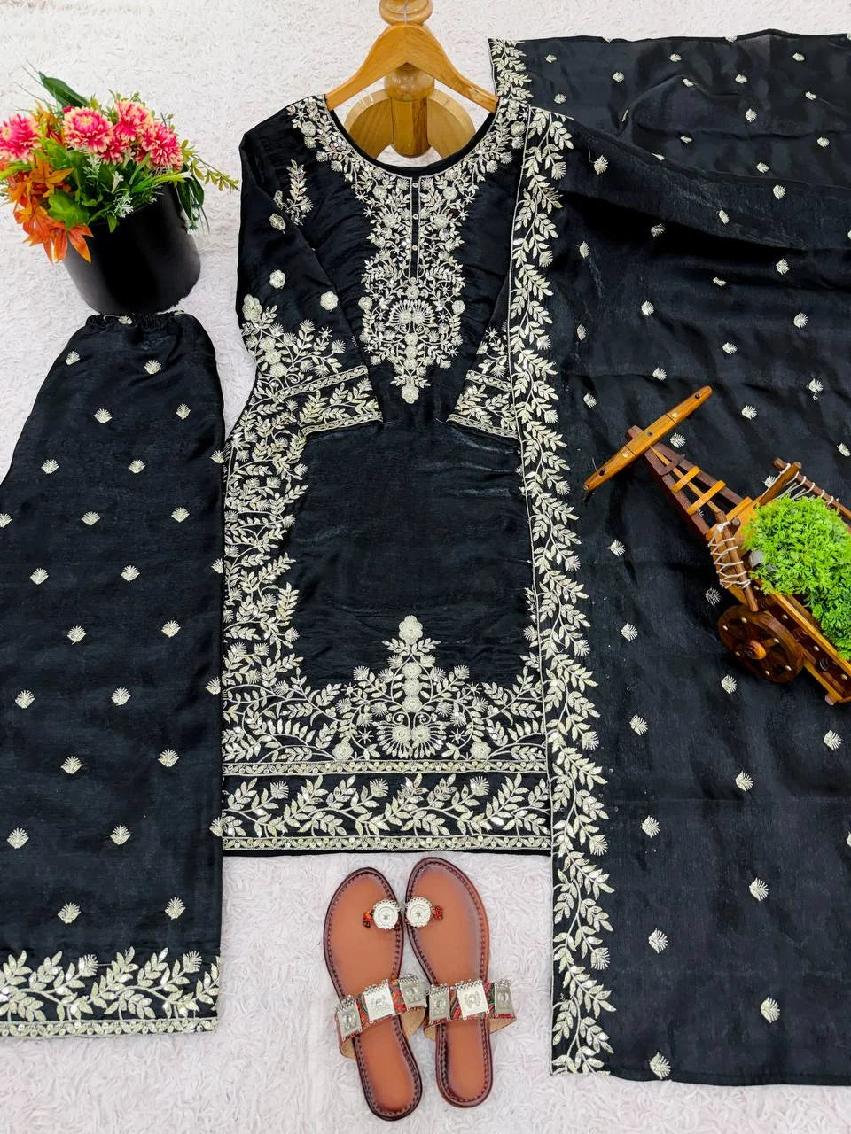 Designer Black GMY Silk Embroidered Top Plazzo Set with Lace Border Dupatta
