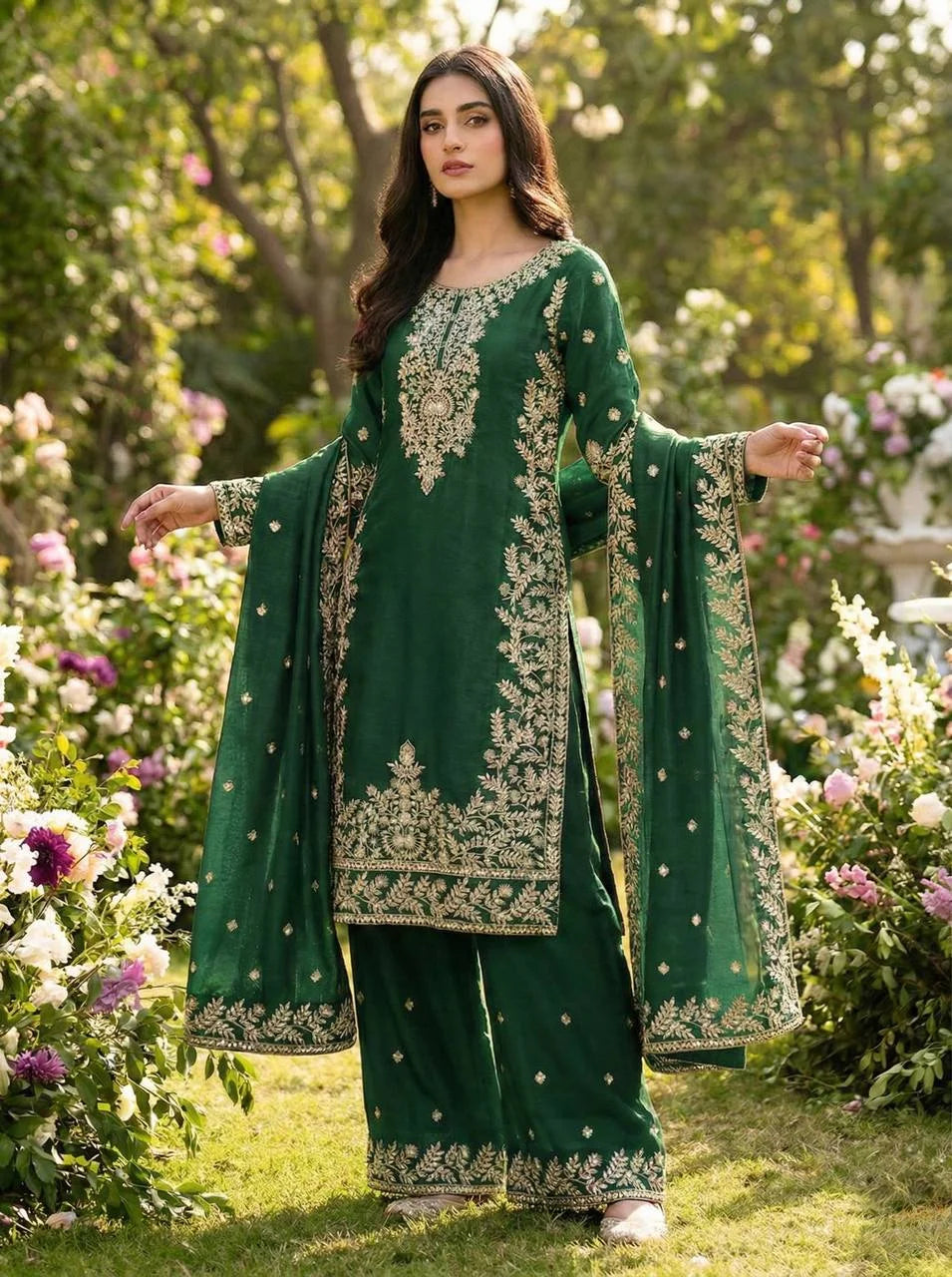 Royal Green GMY Silk Top Plazzo Set with Rich Embroidery