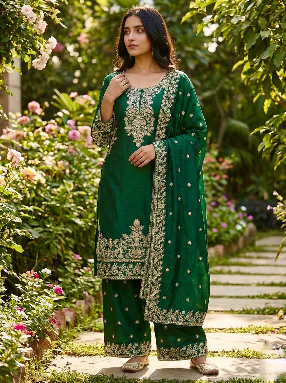 Royal Green GMY Silk Top Plazzo Set with Rich Embroidery