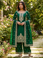 Royal Green GMY Silk Top Plazzo Set with Rich Embroidery