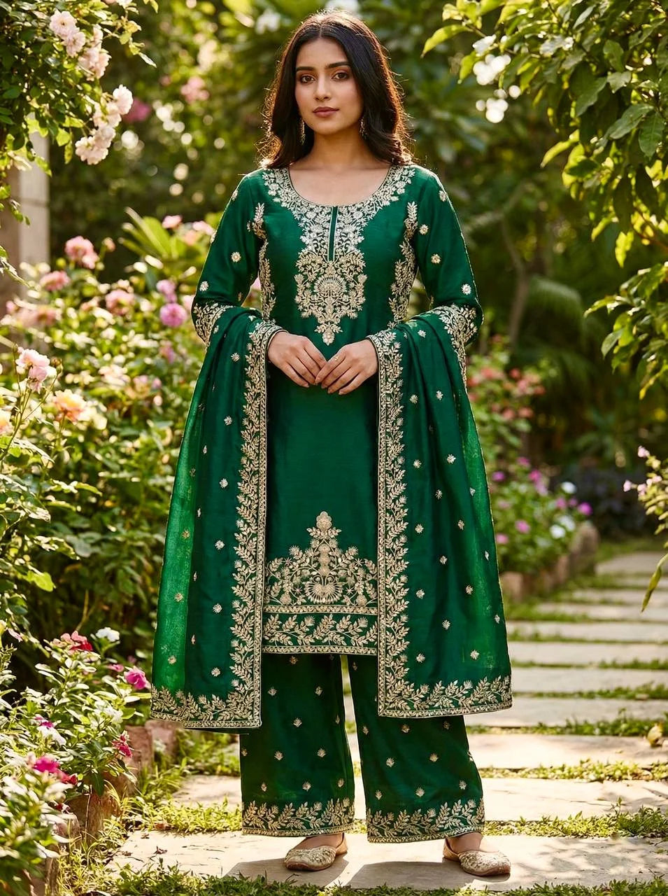 Royal Green GMY Silk Top Plazzo Set with Rich Embroidery