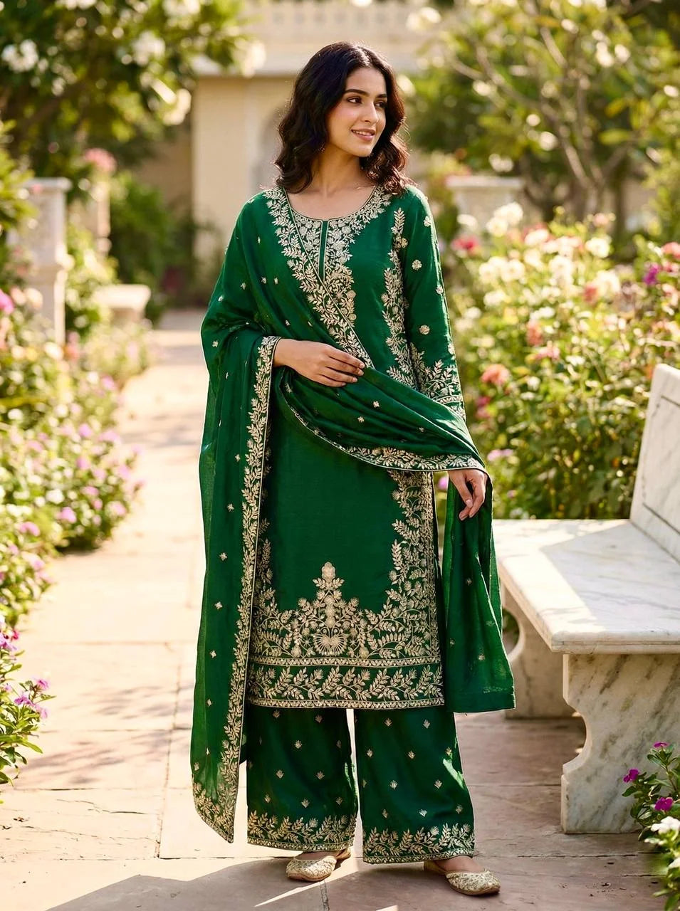 Royal Green GMY Silk Top Plazzo Set with Rich Embroidery