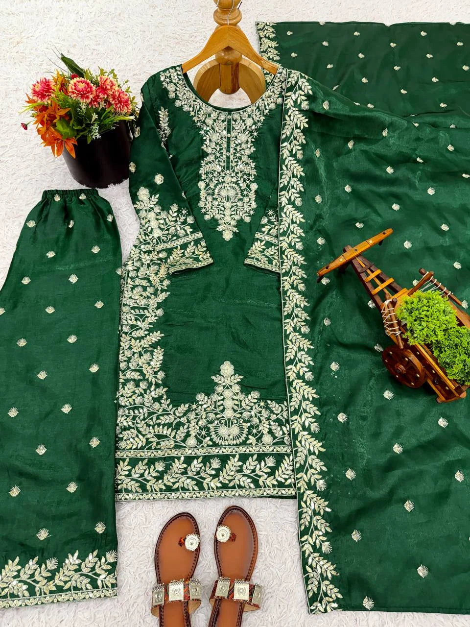 Royal Green GMY Silk Top Plazzo Set with Rich Embroidery
