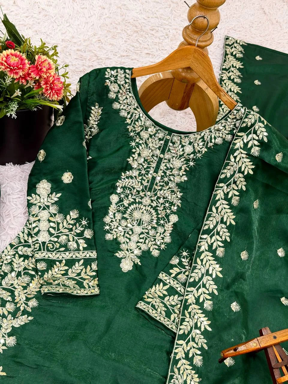 Royal Green GMY Silk Top Plazzo Set with Rich Embroidery