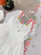 White Georgette Embroidered Anarkali Kurti Pant With Dupatta - Wedding & Festive Wear