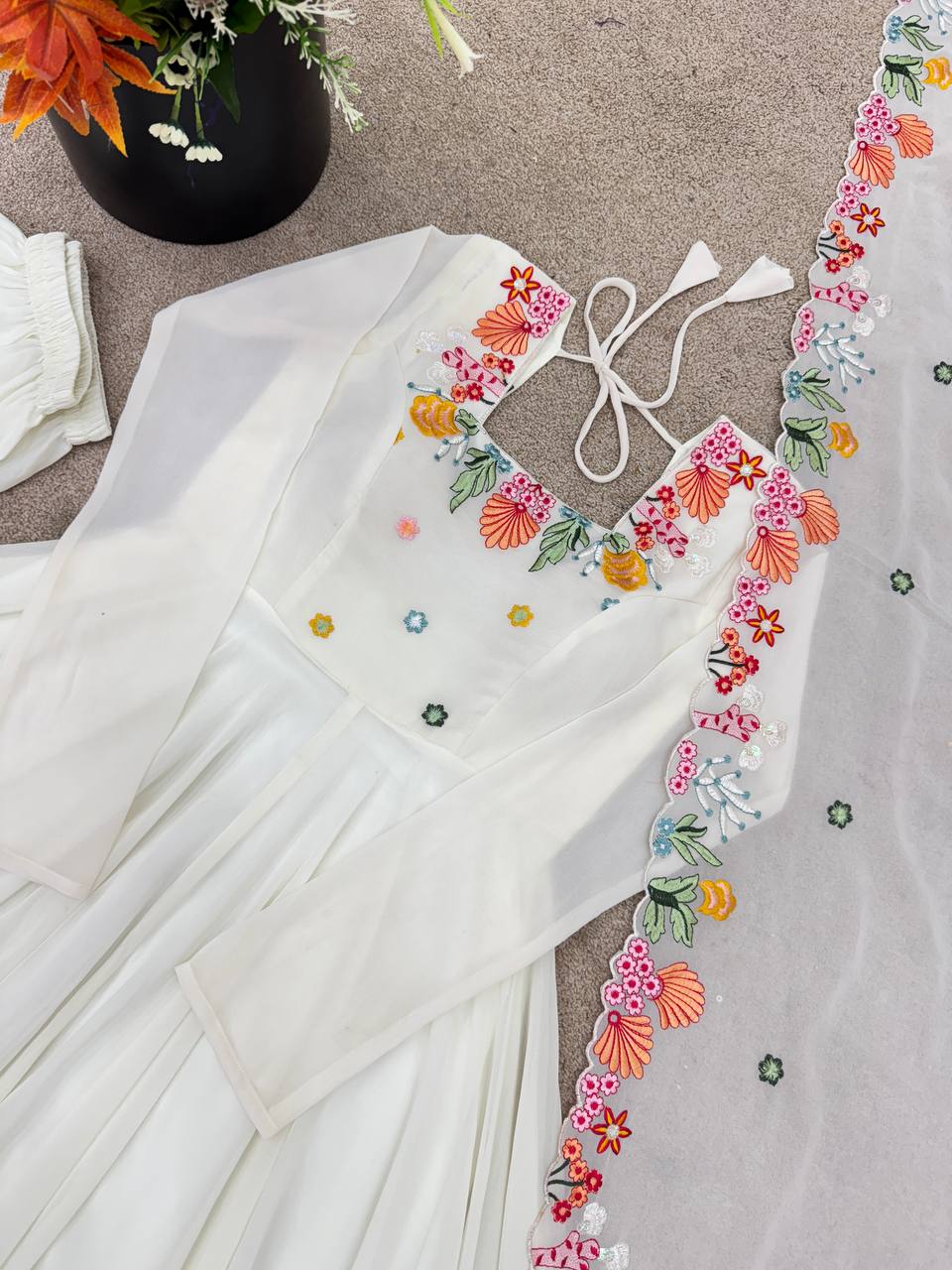 White Georgette Embroidered Anarkali Kurti Pant With Dupatta - Wedding & Festive Wear