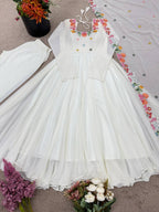White Georgette Embroidered Anarkali Kurti Pant With Dupatta - Wedding & Festive Wear