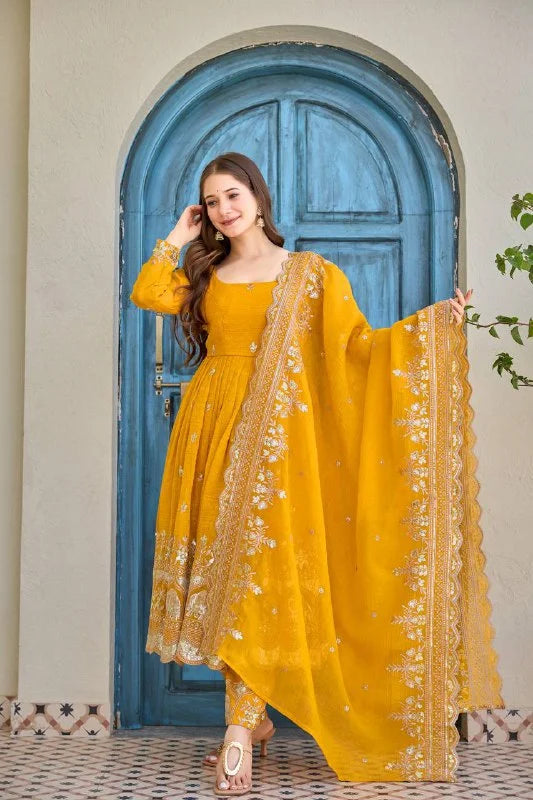 Yellow Traditional Anarkali Suit with Dupatta â€“ Elegant Embroidery