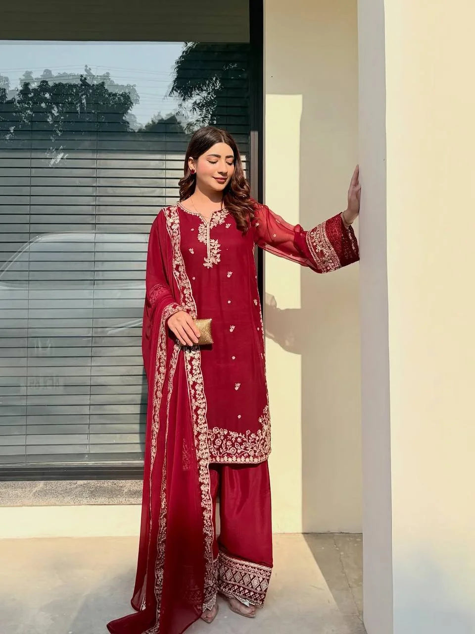 Ruby Red Sequin Embroidery Top & Plazzo Suit with Designer Dupatta
