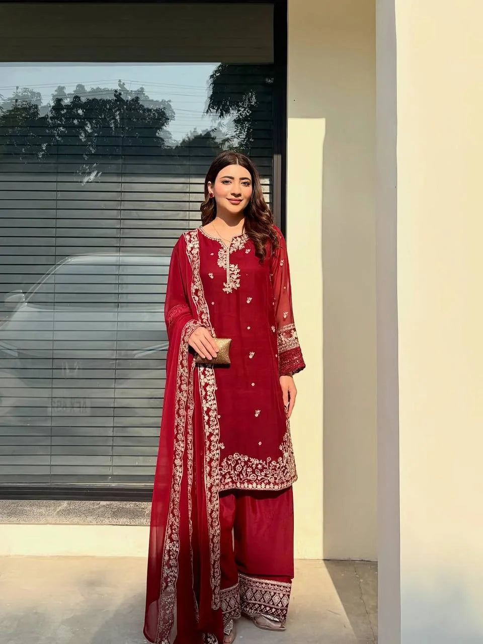 Ruby Red Sequin Embroidery Top & Plazzo Suit with Designer Dupatta