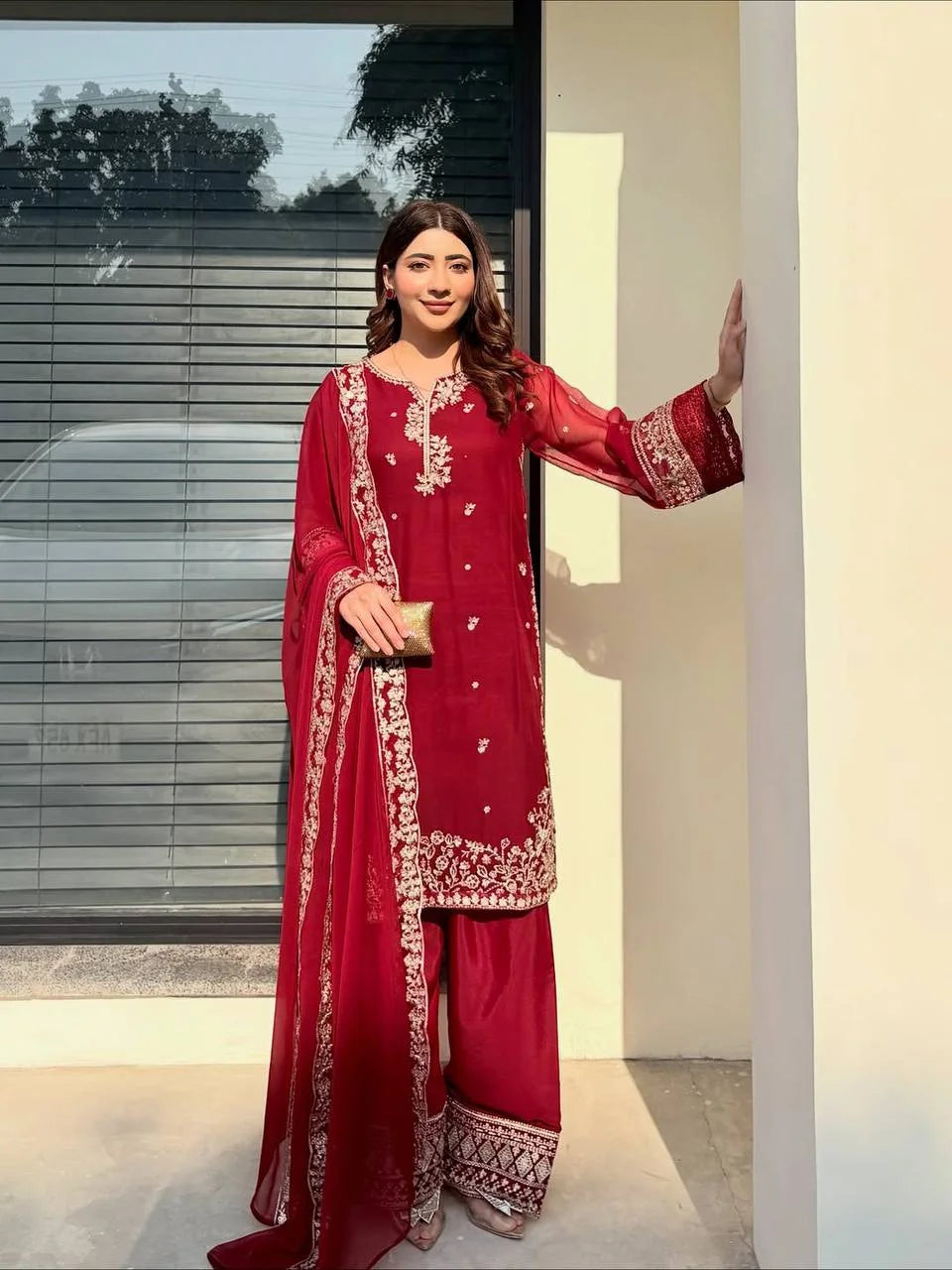 Ruby Red Sequin Embroidery Top & Plazzo Suit with Designer Dupatta